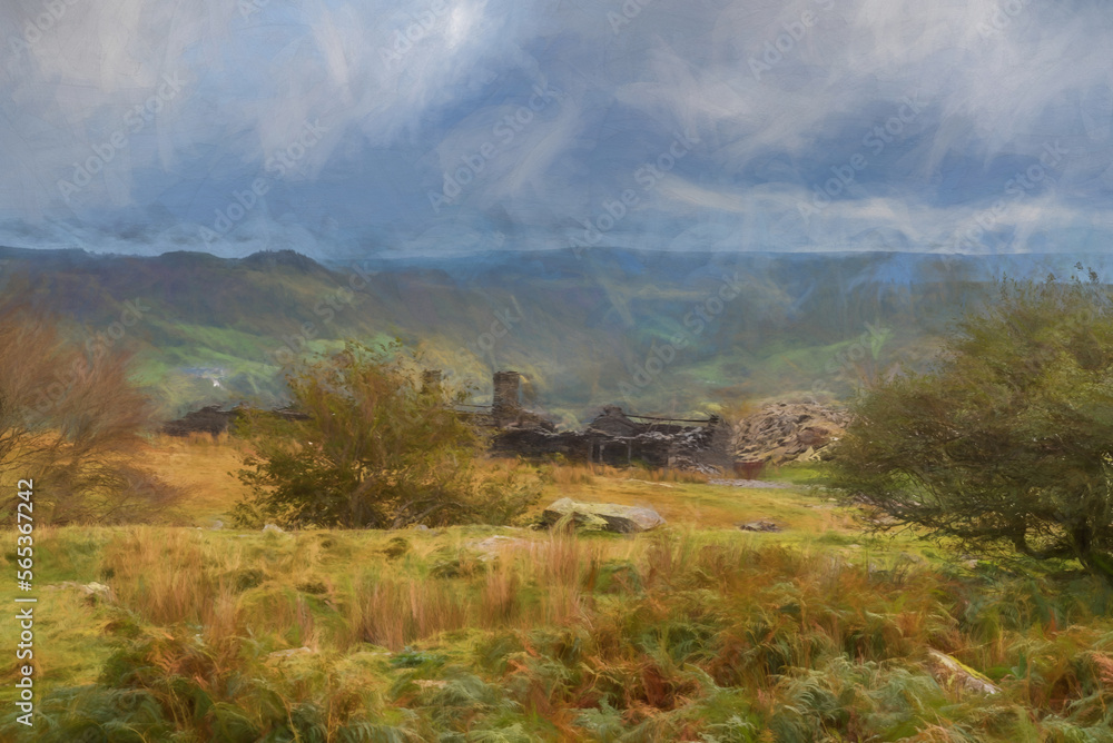 Digital painting of the abandoned Rhos Slate Quarry at Capel Curig, Snowdonia National Park, Wales