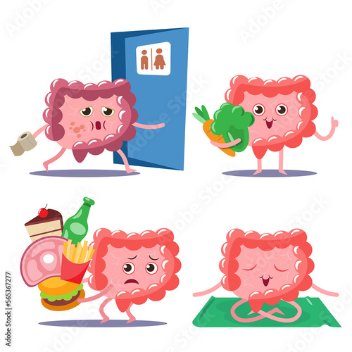 vactor,illustration style intestine gut cartoon set,diarrhea by bacterias,unhealthy and healthy food, rest bowel. photo