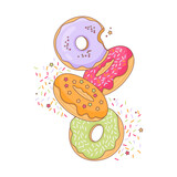 Set of cartoon colorful donuts isolated on white background. Donuts with different types of icing and toppings. Vector illustration.