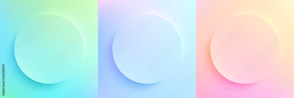 Set of green, pink, yellow, blue hologram color 3D round circles frames background with soft light, shadow. Minimal Pedestal podium in top view with copy space. Badge emboss texture design. Vector EPS