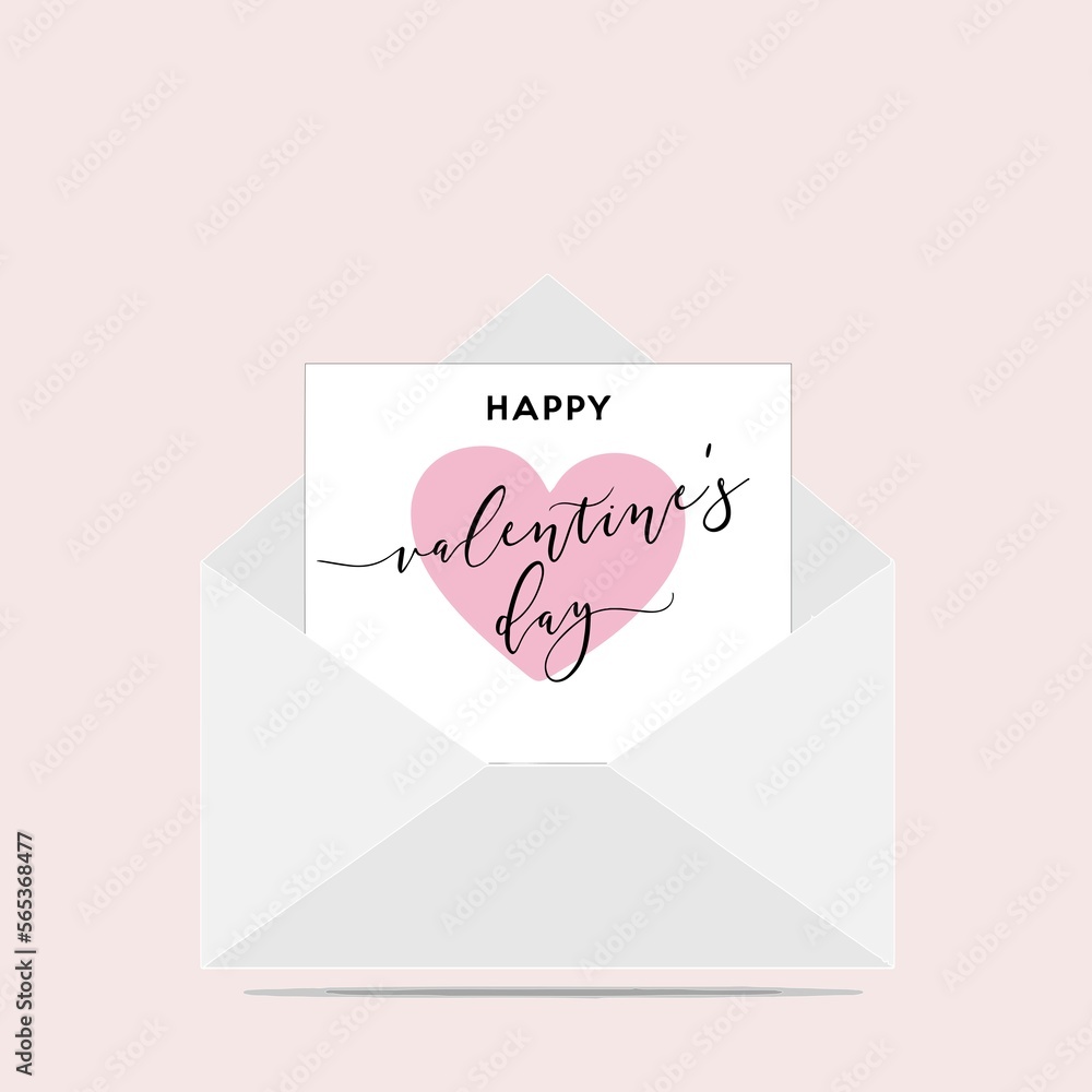 open envelope, letter with text and decorative message of happy valentines day, love, minimalist design, pink background open envelope, letter with text and decorative message of happy valentines day, love, minimalist design, pink background
