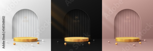 Set of 3D golden round stand podium background. Black, silver, pink gold in luxury scene. Minimal wall scene mockup product stage showcase, Banner promotion display. Abstract vector geometric forms.
