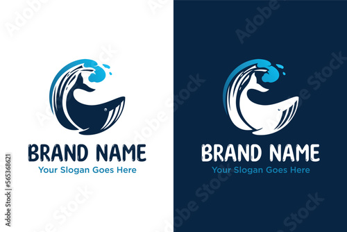 simple whale wave illustration logo design