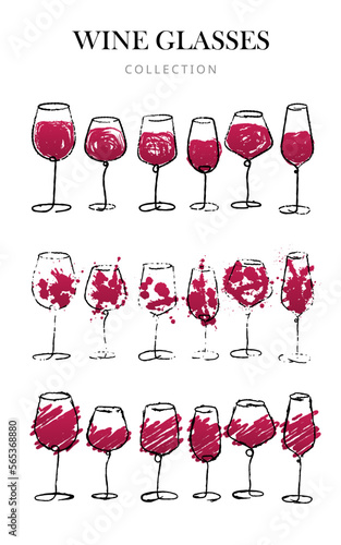 Watercolor hand drawn sketch of wine glasses set. Grunge brush wine glass collection isolated on white. For bar or restaurant menu list, wine tasting invitation or party. Red paint splash. Vector.