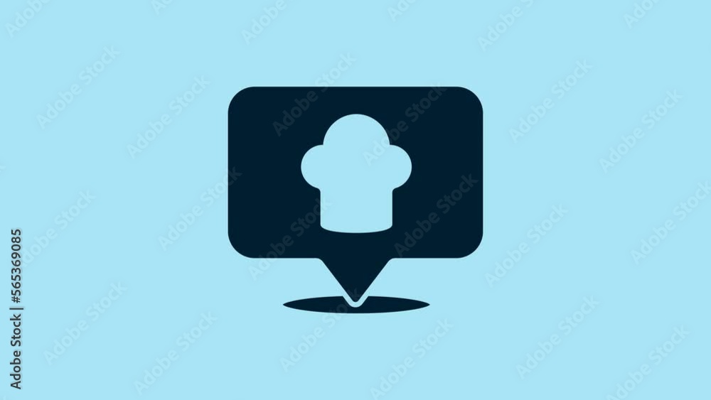Blue Chef hat with location icon isolated on blue background. Cooking symbol. Cooks hat. 4K Video motion graphic animation Blue Chef hat with location icon isolated on blue background. Cooking symbol. Cooks hat. 4K Video motion graphic animation