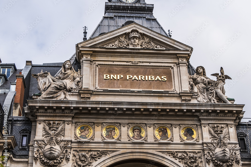 Architectural fragments of the BNP Paribas building on 14 rue Bergere (1881). Paris. France.