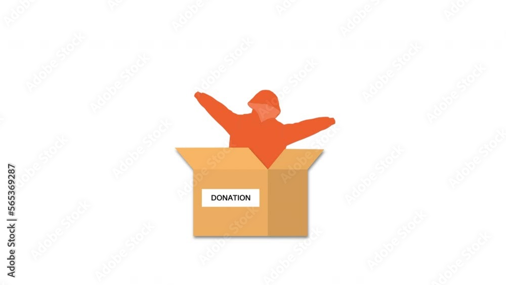 Put the pants, sweater, and T-shirt in an open cardboard box labeled Donate. Second-hand clothes purchased for textile products re-usage the tiny person concept. Clothes donation concept. Put the pants, sweater, and T-shirt in an open cardboard box labeled Donate. Second-hand clothes purchased for textile products re-usage the tiny person concept. Clothes donation concept.