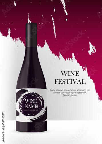 Wine bottle with label on white background. Realistic 3d Black bottle with red liquid. Product placement mock up banner for branding. Grunge luxury background stage. Vector illustration.