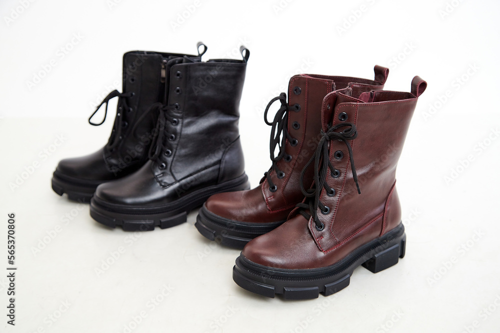 Female winter, autumn or spring brown leather shoes. Fashionable modern photography for a store, catalog, magazine or online Female winter, autumn or spring brown leather shoes. Fashionable modern photography for a store, catalog, magazine or online