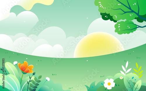 Family going out for a picnic in spring with forest and flowers in the background, vector illustration