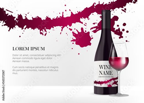 Wine bottle with label on white background. Black bottle. Realistic 3d wine glass with red liquid. Product mock up banner for branding. Grunge watercolor background stage. Vector illustration.