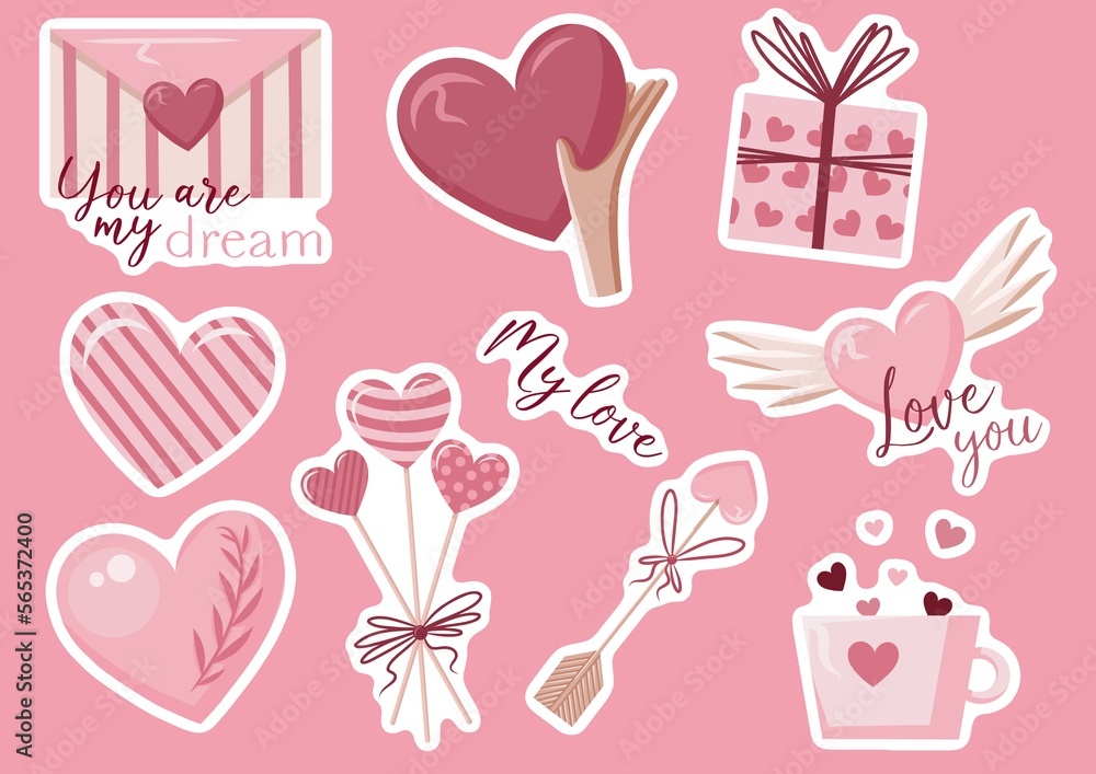 Valentines day stickers set, love symbol objects and cute lettering.