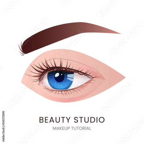 Beautiful female eye with long black eyelashes and brows. Vector illustration. Realistic blue woman eye, with long cilia. For design of laser vision correction and make up, cosmetics, skin care.