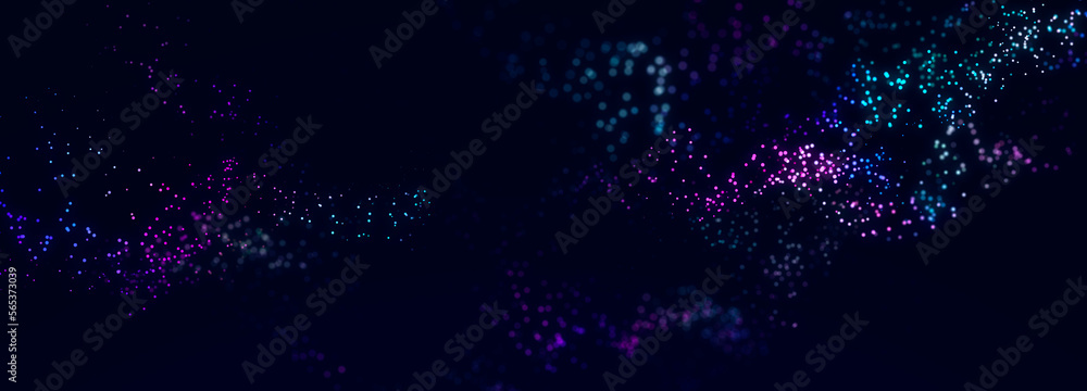 Confetti. Lots of futuristic dots on a dark background. Colored musical wave. Holiday postcard. 3D rendering