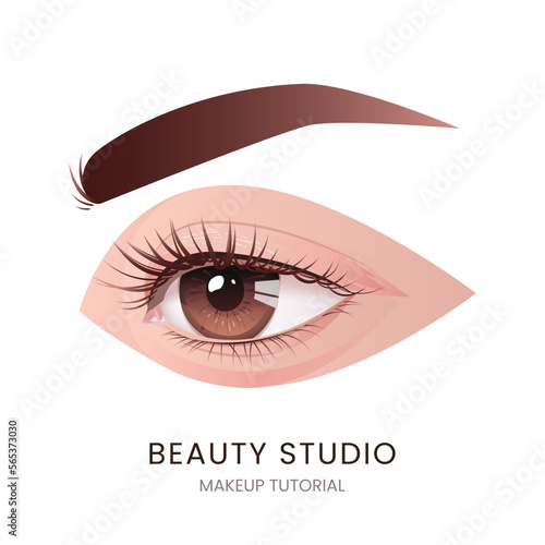 Beautiful female eye with long black eyelashes and brows. Vector illustration. Realistic brown woman eye, with long cilia. For design of laser vision correction and make up, cosmetics, skin care.