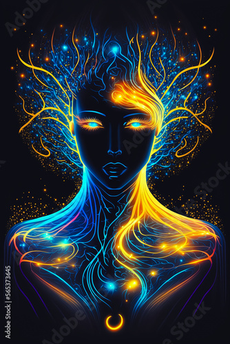 cosmic energy waves connected to form an attractive humanoid. Generative AI