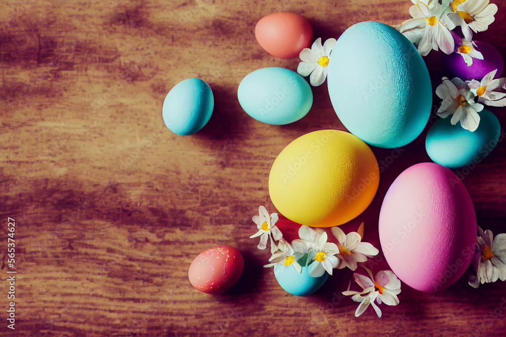 Colorful easter eggs and branch with flowers on wooden desk Generative AI Content by Midjourney