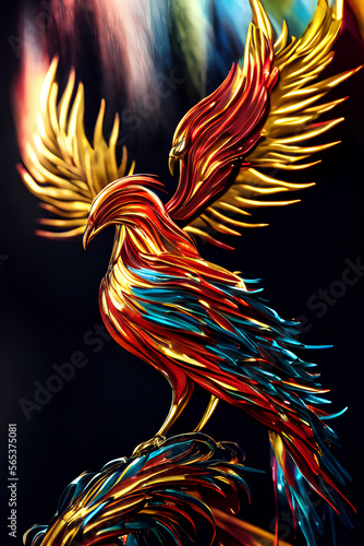 image made by AI An image of a phoenix perched on a metallic branch, with a metallic stream flowing beneath it realistic 8k 4k