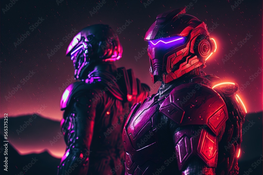 Two futuristic cyborgs with pink armor on a moon with blur and bokeh stars background. flare blur. Generative AI