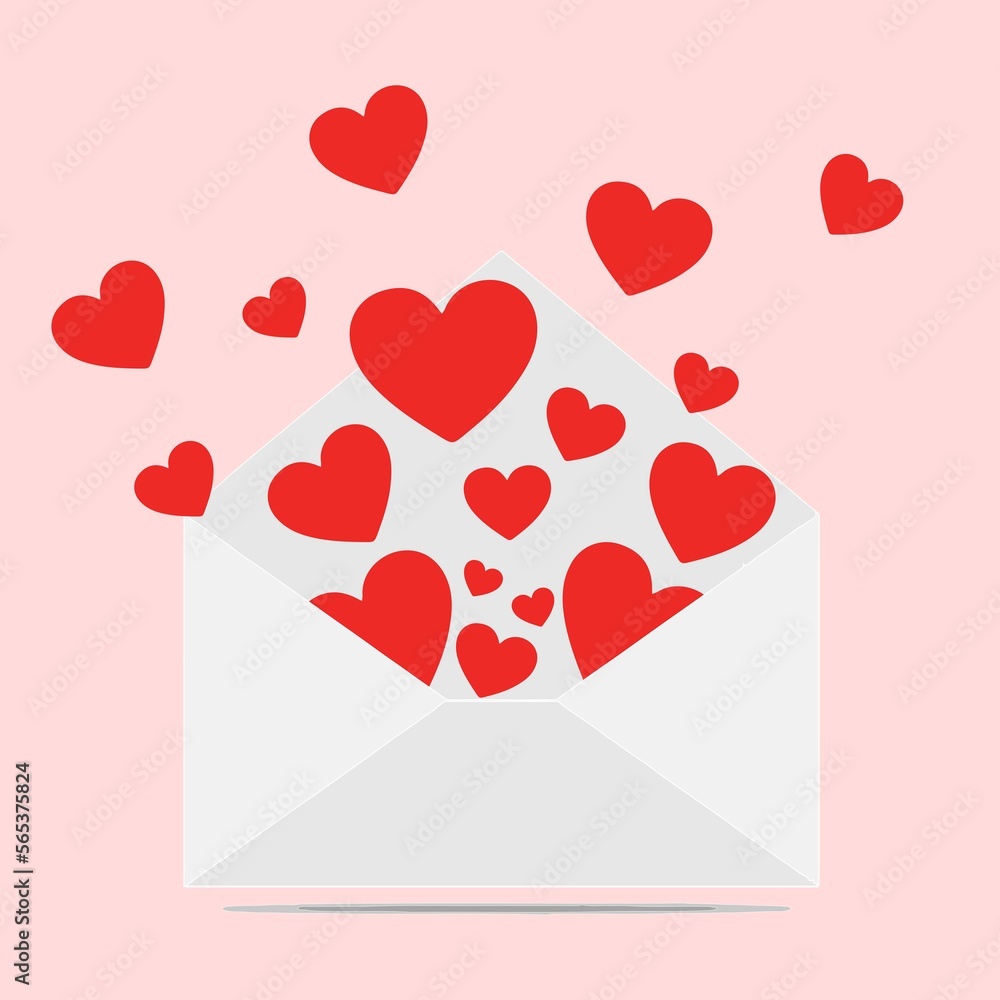 open envelope, rain of red hearts coming out decorative for happy valentines day, love, romance, pink background open envelope, rain of red hearts coming out decorative for happy valentines day, love, romance, pink background