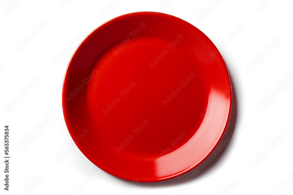 Top view empty blank ceramic round red plate isolated on white background with clipping path. Top view empty blank ceramic round red plate isolated on white background with clipping path.