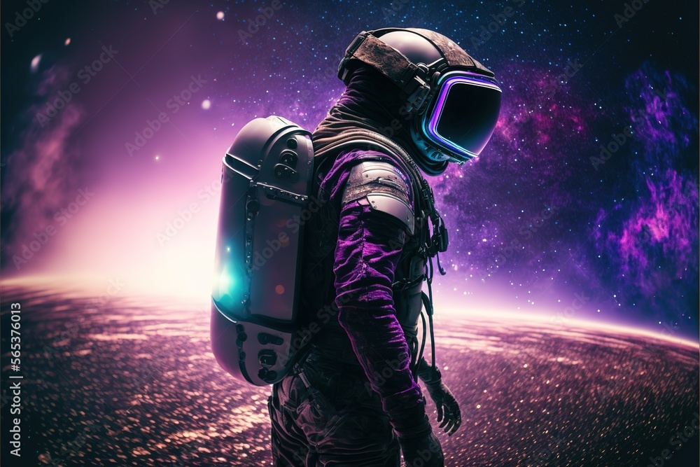 A man wearing a VR in space wearing an astronaut suit in his VR game AN experiences a game like its real. VR. AStronaut. Generative AI A man wearing a VR in space wearing an astronaut suit in his VR game AN experiences a game like its real. VR. AStronaut. Generative AI