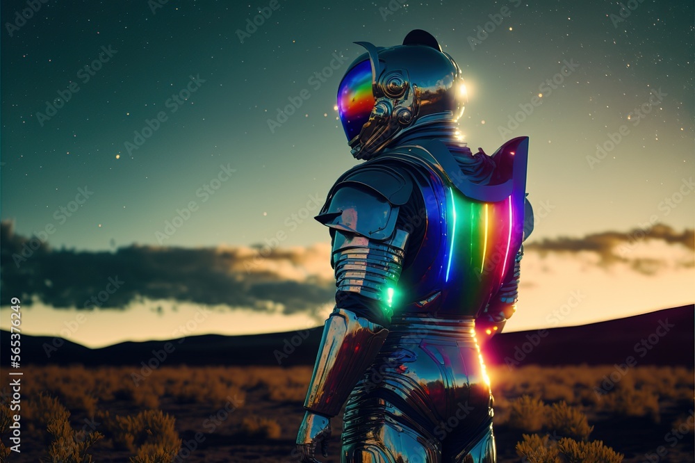 Fototapeta premium Shiny armor astronaut suit wearing knight on the abandoned planet. Astronaut. Generative AI