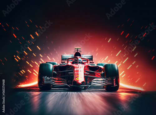 Red F1 racing car speeding around the track, surrounded by vibrant neon lights, perfect for Graphics, Banners and website. - Generative AI