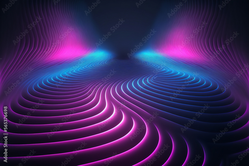 Abstract background, pink blue neon light, glowing dynamic wavy lines ...