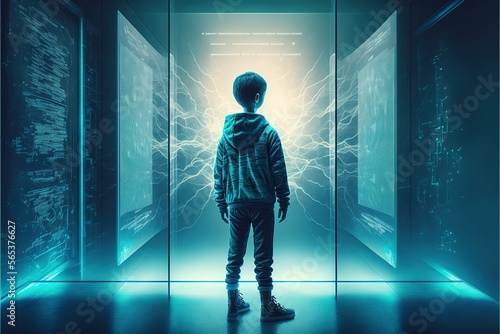 Boy standing in hacker room in front of holographic. Artificial Intelligence room. Generative AI