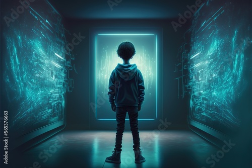 Boy standing in hacker room in front of holographic. Artificial Intelligence room. Generative AI