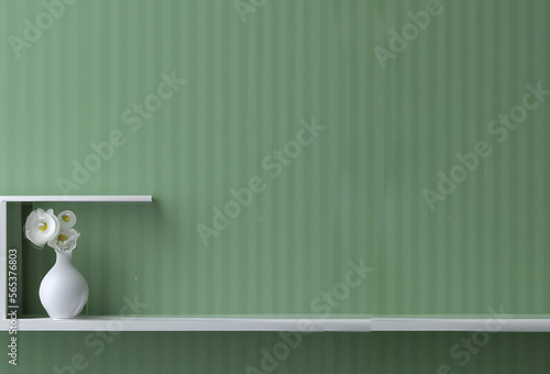 sfondo minimalista di muro con carta da parati a strisce verde salvia con piccola mensola bianca  creato con intelligenza artificiale photo