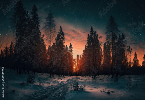forest in the winter evening created with Generative AI technology