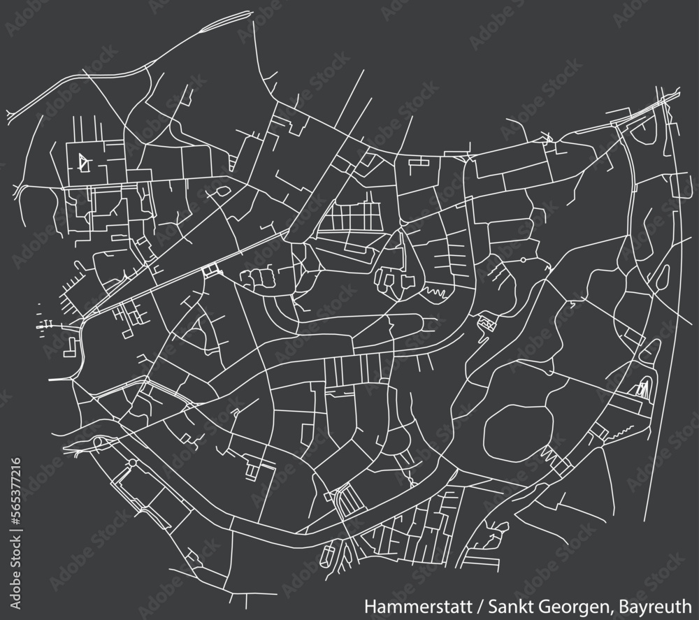 Detailed negative navigation white lines urban street roads map of the HAMMERSTATT-ST. GEORGEN DISTRICT of the German town of BAYREUTH, Germany on dark gray background