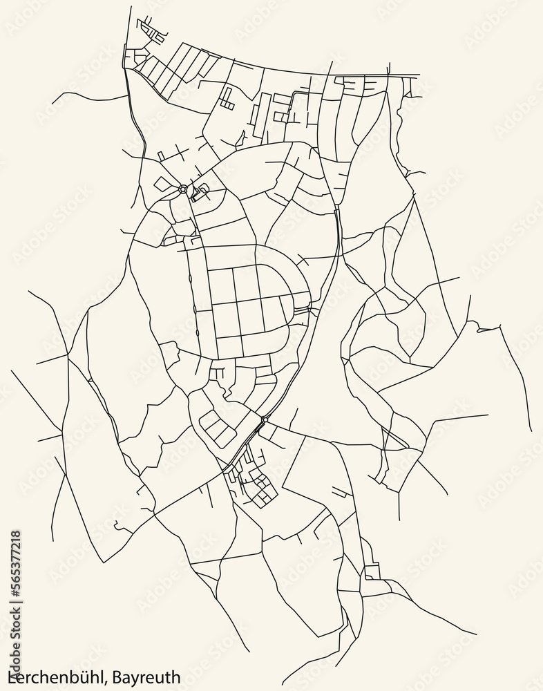 Detailed navigation black lines urban street roads map of the LERCHENBUHL DISTRICT of the German town of BAYREUTH, Germany on vintage beige background