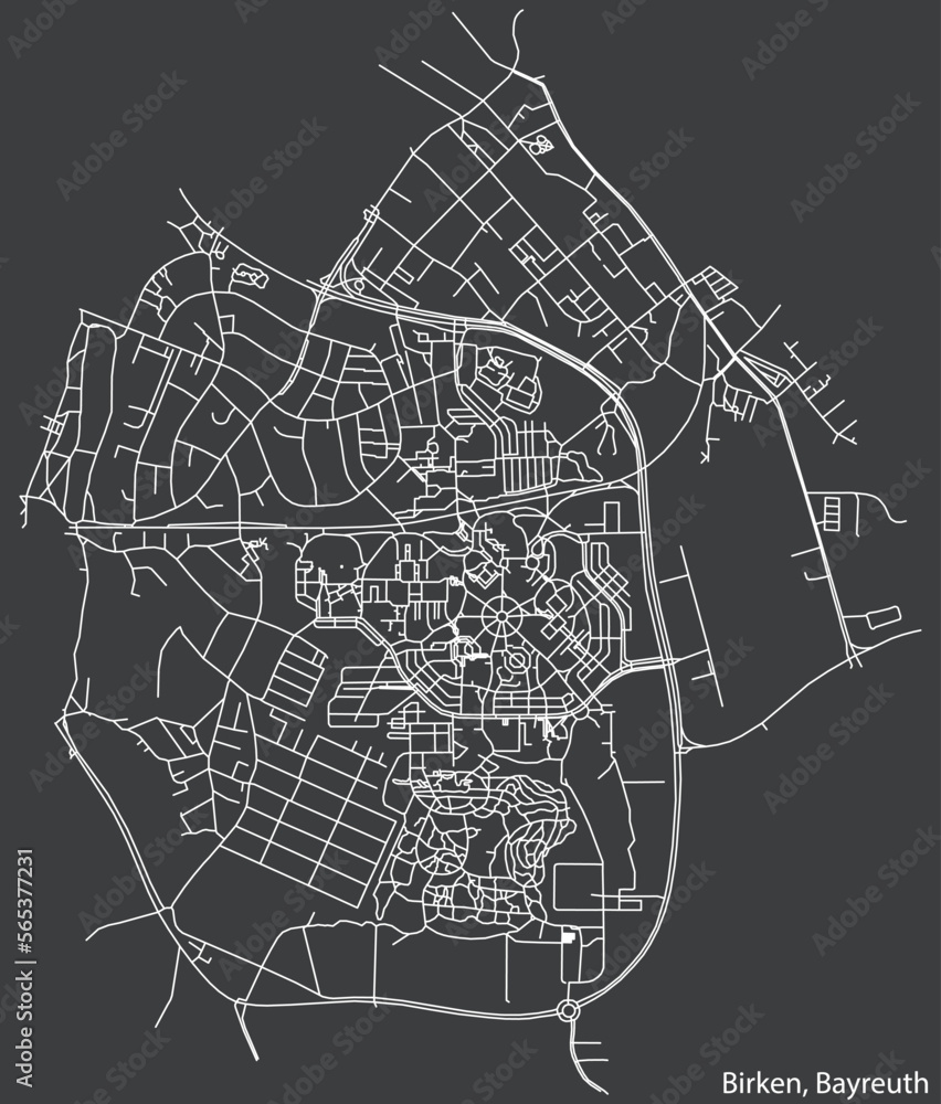 Detailed negative navigation white lines urban street roads map of the BIRKEN DISTRICT of the German town of BAYREUTH, Germany on dark gray background