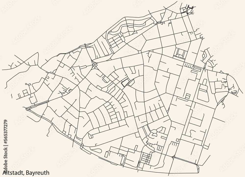Detailed navigation black lines urban street roads map of the ALTSTADT DISTRICT of the German town of BAYREUTH, Germany on vintage beige background