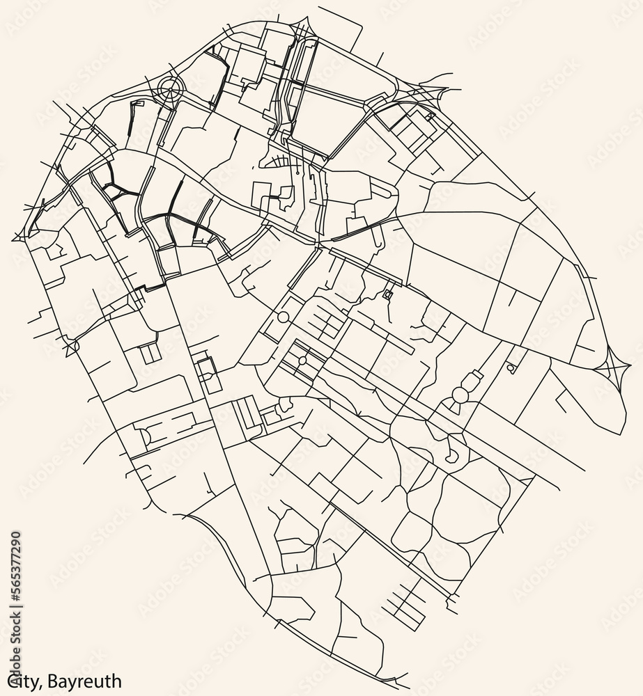 Detailed navigation black lines urban street roads map of the CITY DISTRICT of the German town of BAYREUTH, Germany on vintage beige background