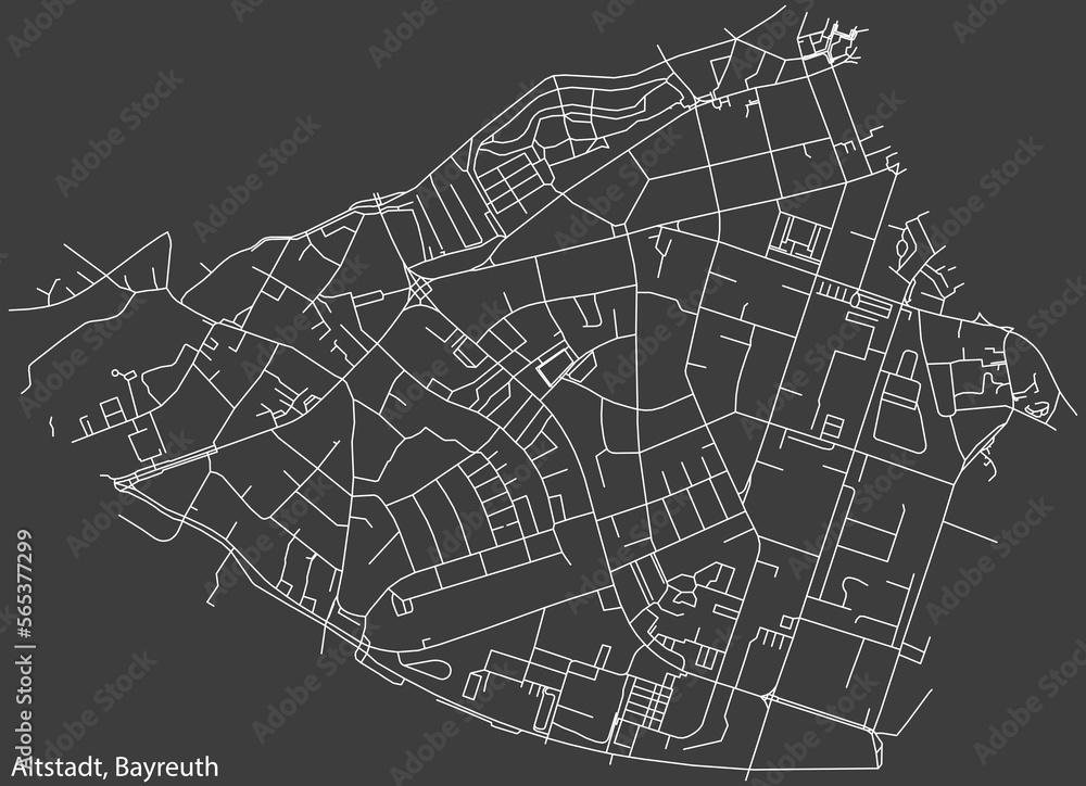 Detailed negative navigation white lines urban street roads map of the ALTSTADT DISTRICT of the German town of BAYREUTH, Germany on dark gray background