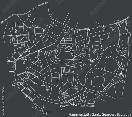 Detailed negative navigation white lines urban street roads map of the HAMMERSTATT-ST. GEORGEN DISTRICT of the German town of BAYREUTH, Germany on dark gray background