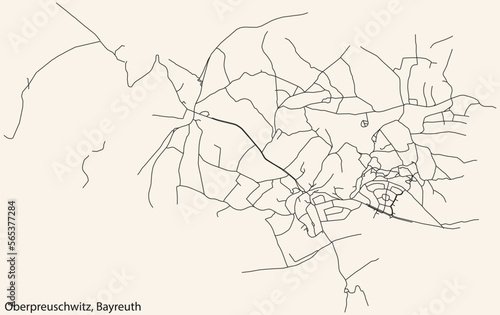 Detailed navigation black lines urban street roads map of the OBERPREUSCHWITZ DISTRICT of the German town of BAYREUTH  Germany on vintage beige background