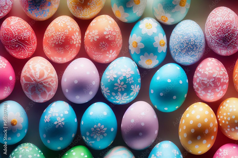 Fototapeta premium Many decorated easter eggs as background top view Generative AI Content by Midjourney
