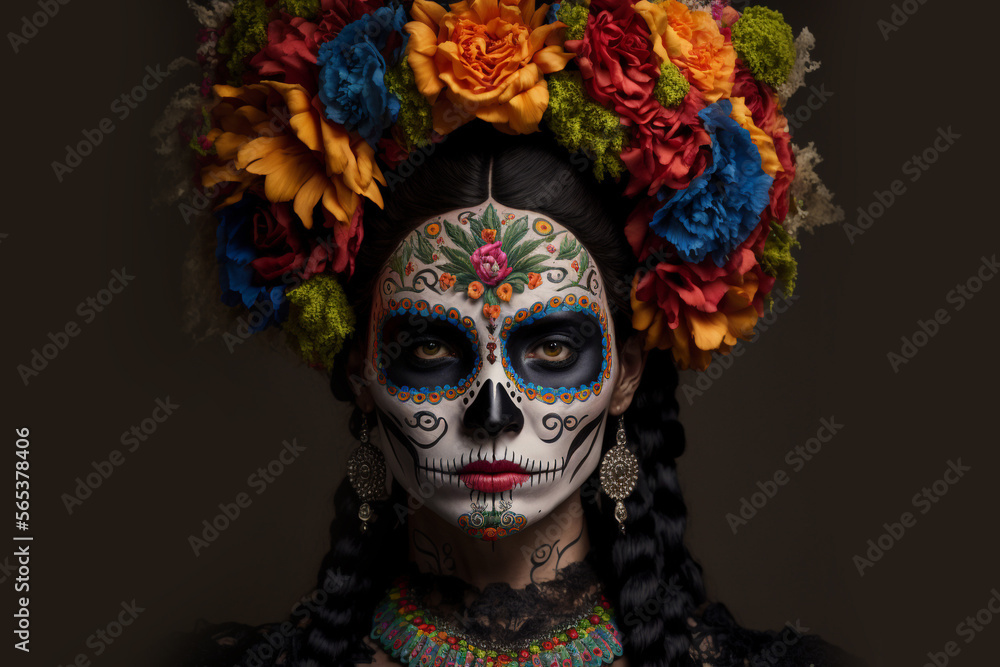 Generative Ai of a woman representing Calavera Catrina with red flowers and skull painting. Day of the Dead concept. 