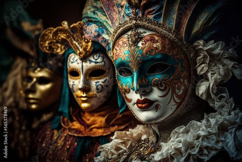 Generative Ai of people wearing masks at the Venice Carnival. 