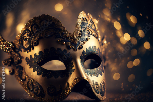 Golden mask with feathers. Venice Carnival Generated Ai. 