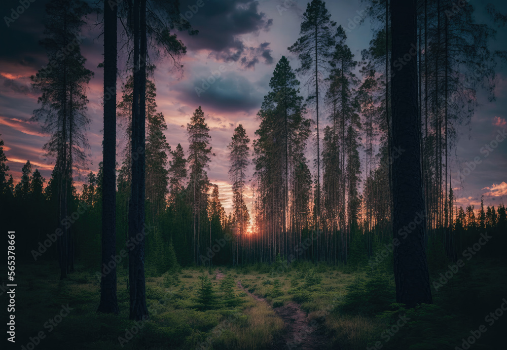 Obraz premium sunset in the forest created with Generative AI technology