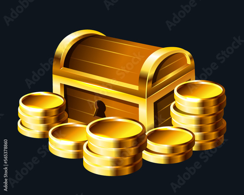 Treasure chest and gold coins. Vector 3d clipart isolated on dark background.