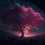 Exe2Glace beautiful tree with pink leaves in the dark with stars
