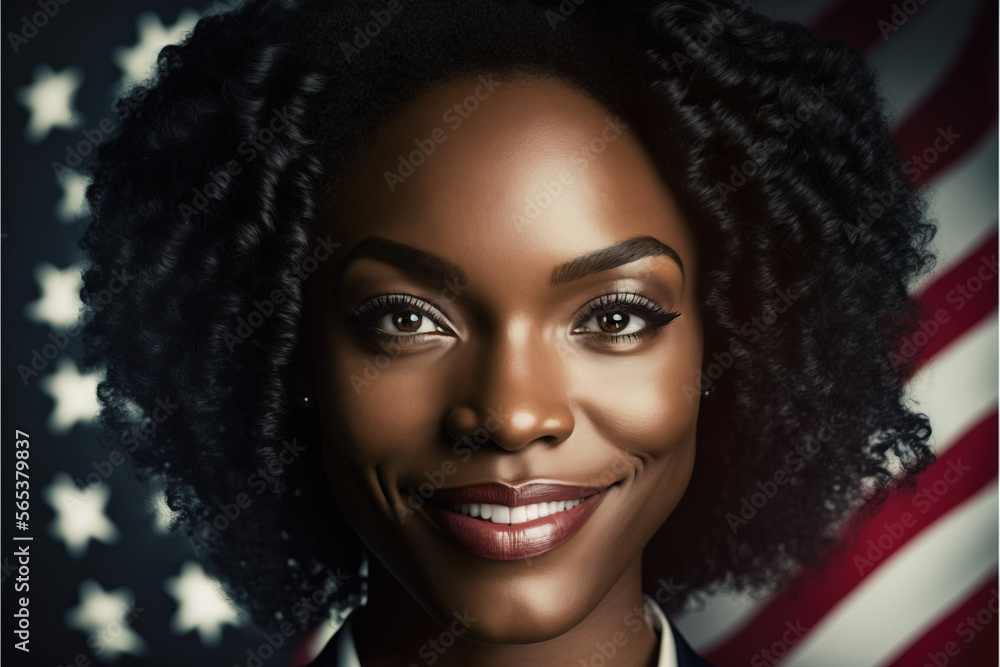 Successful smiling woman with USA flag back ground black history month celebration generative ai Successful smiling woman with USA flag back ground black history month celebration generative ai