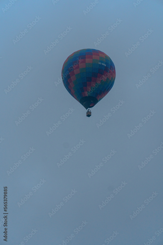 Fototapeta premium hot air balloon in a clear sky and between trees a balloon ride